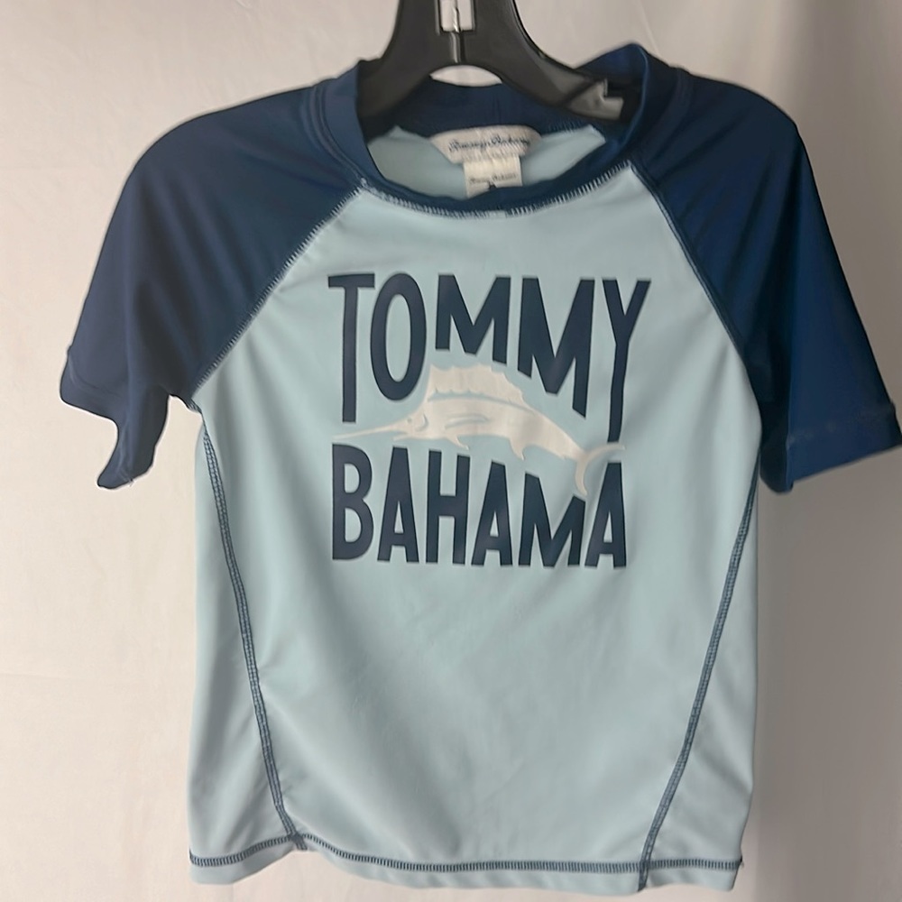 Tommy Bahama Shirt Boys 5 Marlin Short Sleeve Stretch Blue Swim Beach Cruise